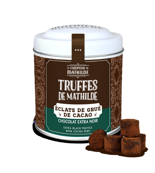 Dark Chocolate Truffles with Cocoa Nibs in a Metal Tin – 200g